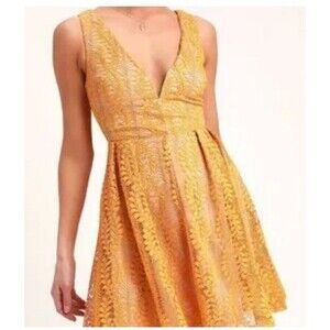 Lulus All Of My Heart Mustard Yellow Lace Skater Dress Size S